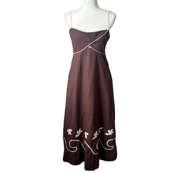 Mon Renn Brown Cream Embroidered Smock Back Midi Sundress Pockets US Large - Picture 3 of 14